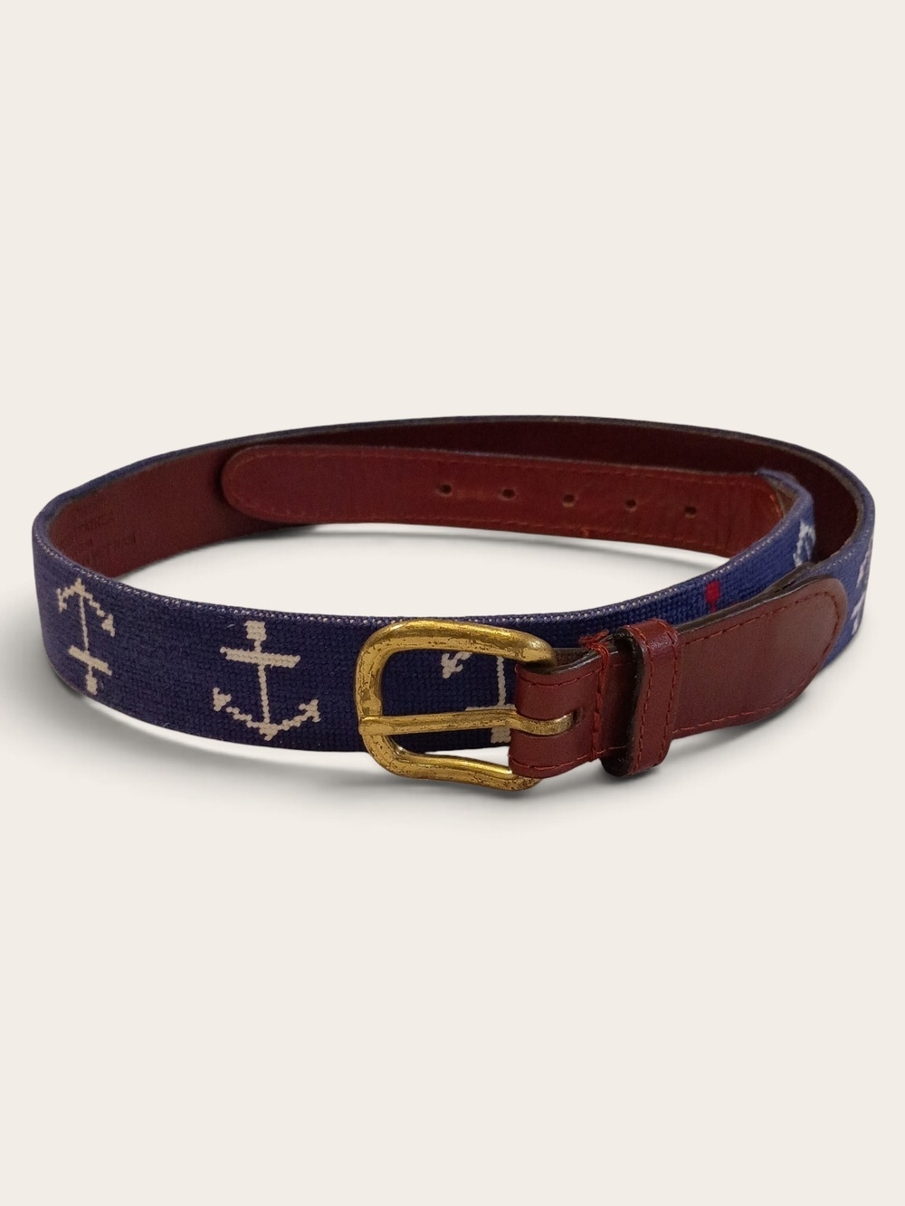Brooks Brothers Navy Anchor-Patterned Belt with Brown Leather